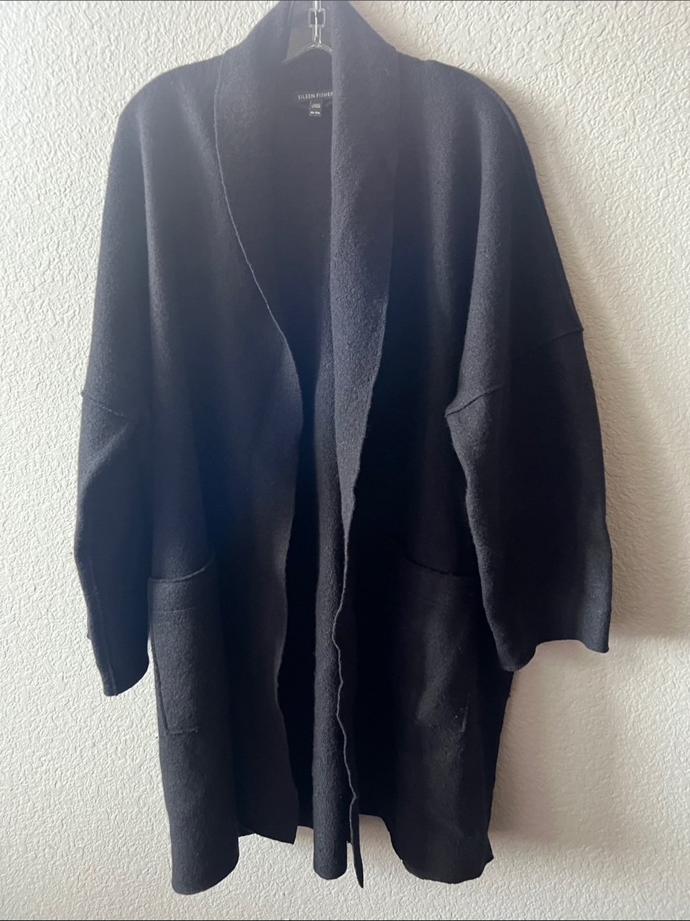 Eileen Fisher Boiled Wool Cardigan Coat Jacket Black Open Front Pocket XL Flawed